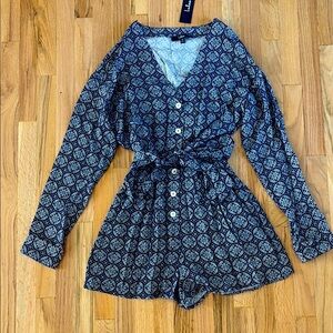 Lulus Blue Patterned Button-Up Romper